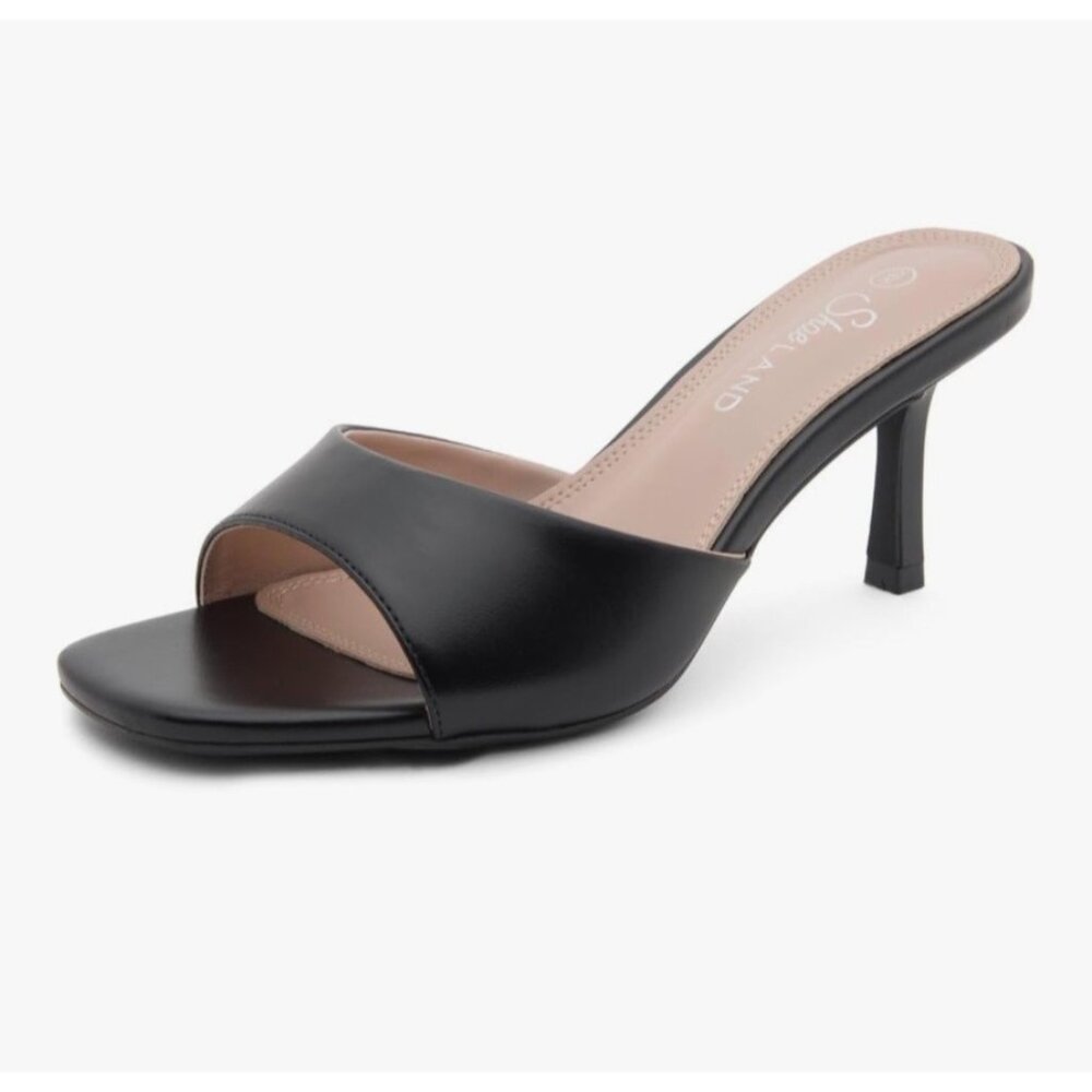 NIB Shoe Land Black Open Toe Slip On Casual Preppy Classic Sandal Stiletto Heels